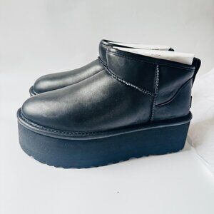 UGG BLACK LEATHER CLASSIC ULTRA MINI 2" PLATFORM ANKLE BOOTS, US 7/ EUR 37 ~NEW